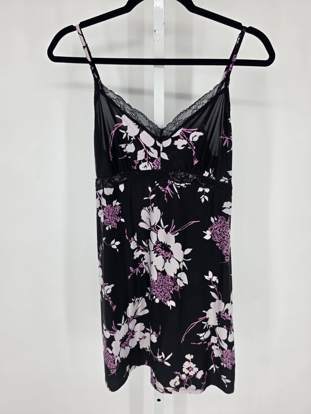 Gilligan & O'Malley Womens Sz M Sleeveless Nightgown Black Purple Floral